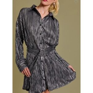 Gilli Metallic Silver Pleated Shirt Dress S Belted Party NWT Glam Chic